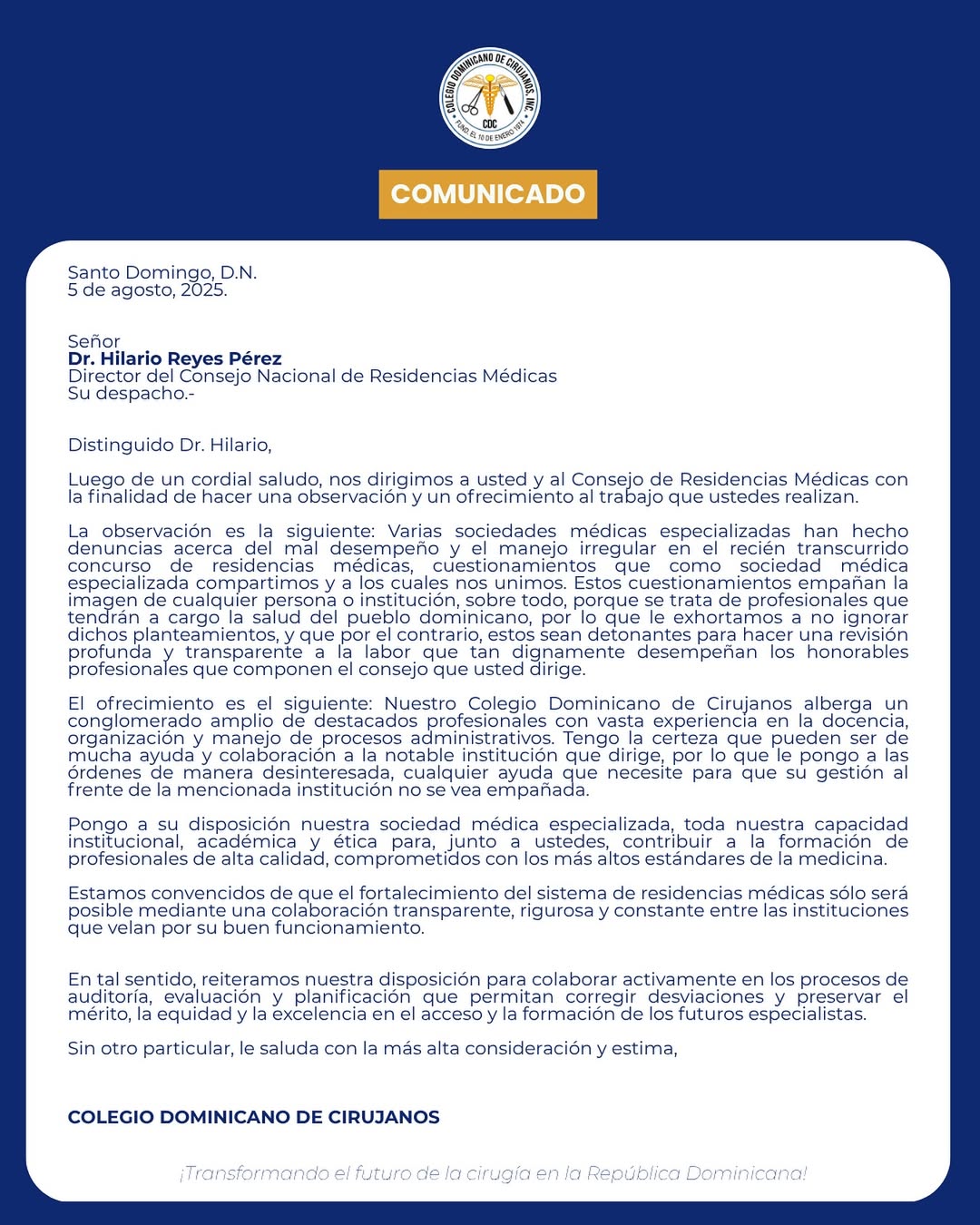 Colegio Médico de Cirujanos se une a sociedades que denuncian irregularidades en asignaciones de plazas