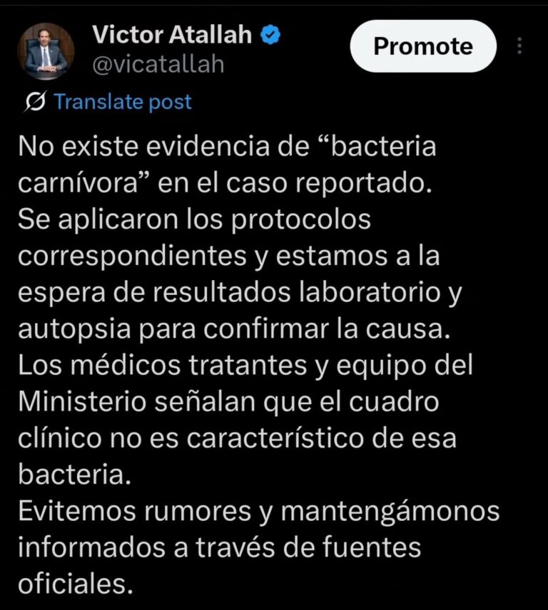 Ministerio de Salud no tiene condición de muerte a casusa de "bacteria carnívora"