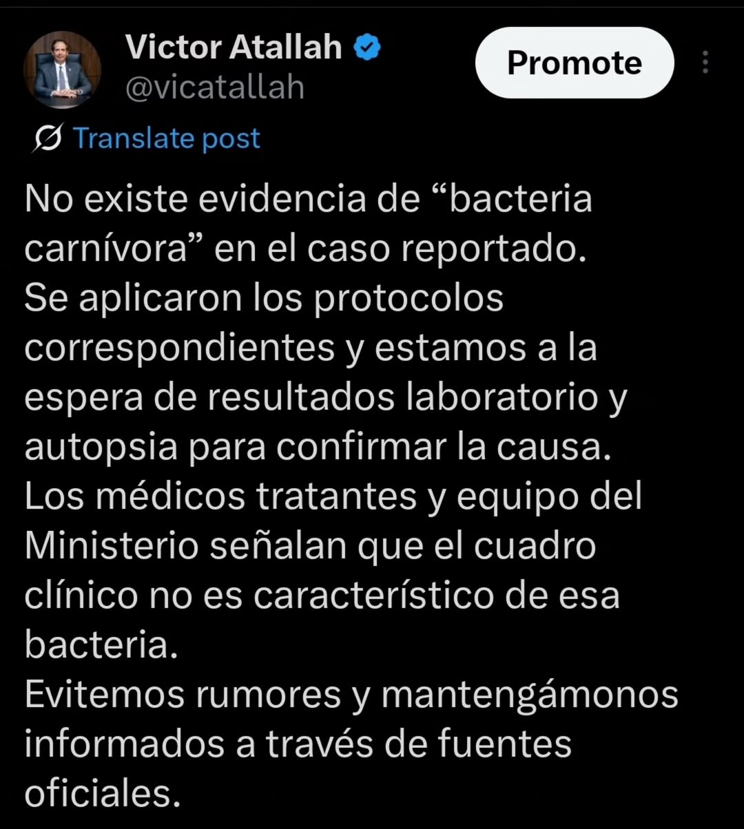 Ministerio de Salud no tiene condición de muerte a casusa de "bacteria carnívora"