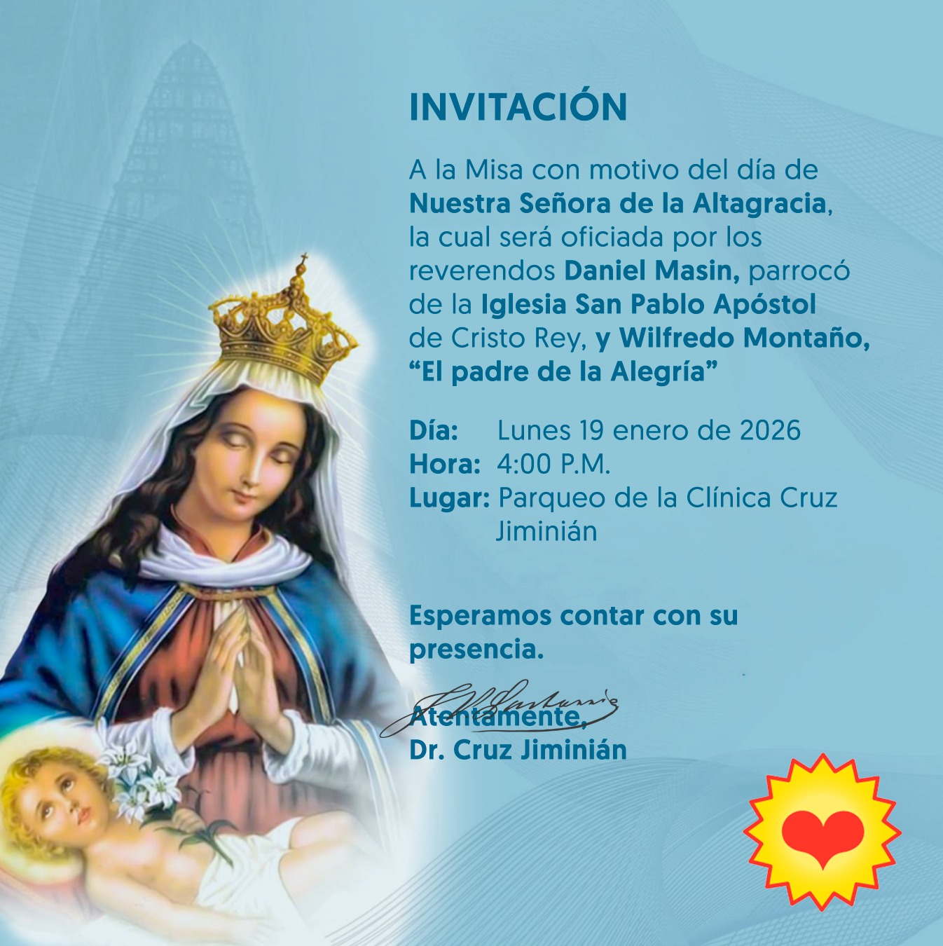Clínica Cruz Jiminián invita a misa por Día de Nuestra Señora de la Altagracia