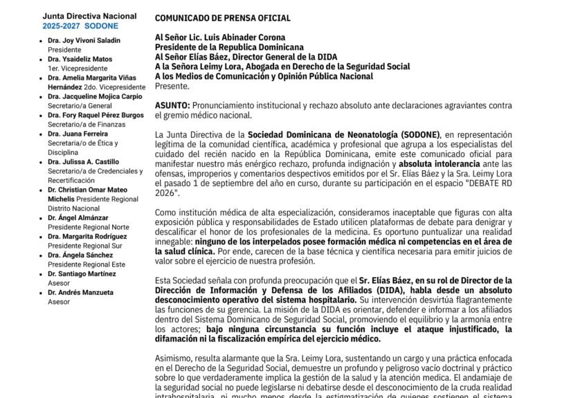 (CARTA) Sociedad de Neonatología se pronuncia en rechazo de las declaraciones del director de la DIDA
