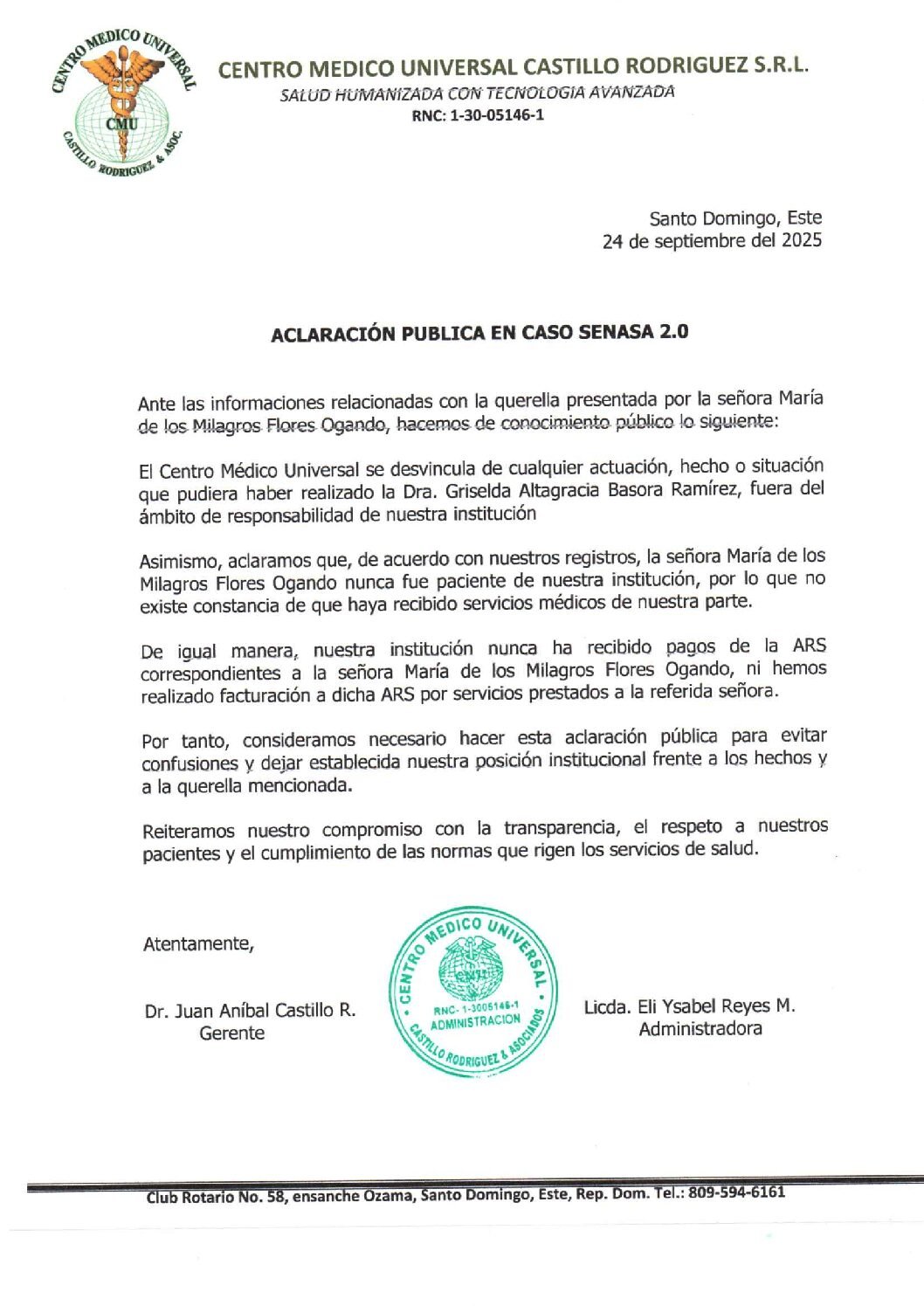Centro Médico Universal se desvincula de acusación sobre hechos fraudulentos contra doctora de su Staff en caso SeNaSa 2.0