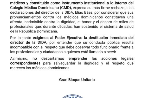 Gran Bloque Unitario rechaza declaraciones del director de la DIDA y exige su destitución