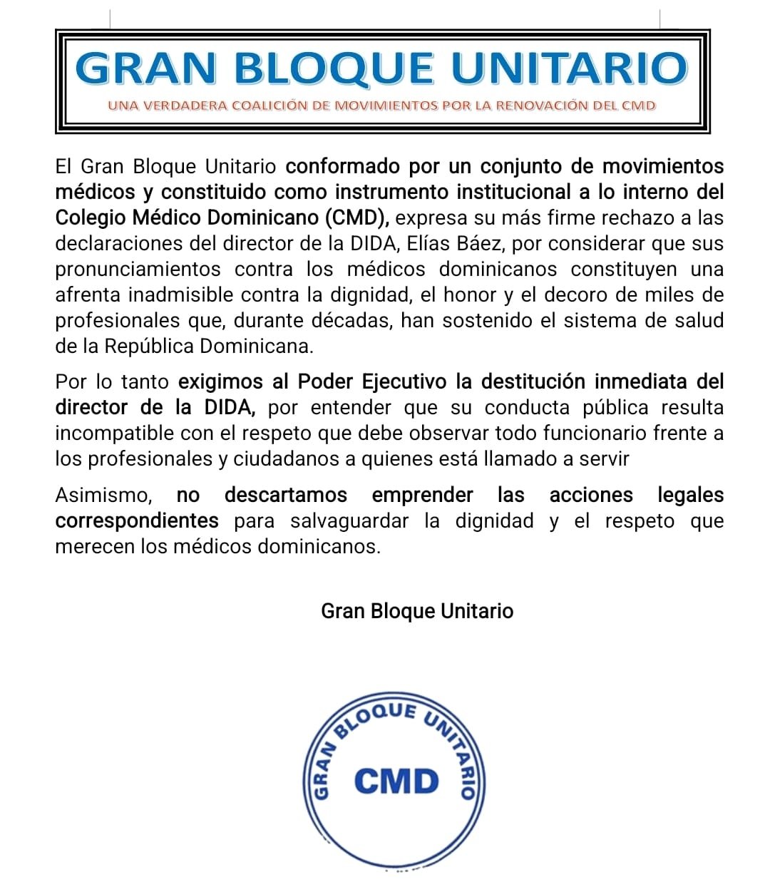 Gran Bloque Unitario rechaza declaraciones del director de la DIDA y exige su destitución